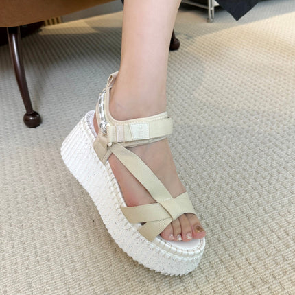 NAMA WEDGE SANDALS IN BEIGE FABRIC AND WHITE RUBBER