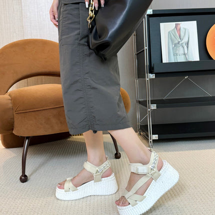 NAMA WEDGE SANDALS IN BEIGE FABRIC AND WHITE RUBBER