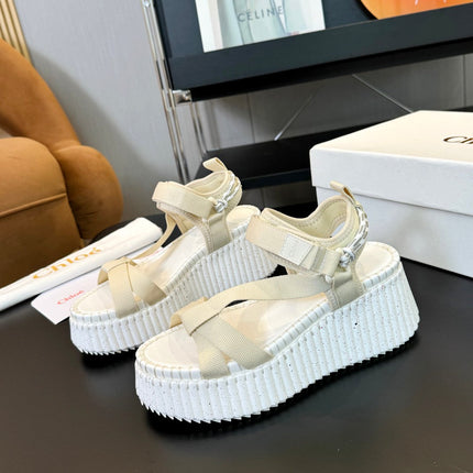 NAMA WEDGE SANDALS IN BEIGE FABRIC AND WHITE RUBBER