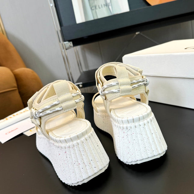 NAMA WEDGE SANDALS IN BEIGE FABRIC AND WHITE RUBBER