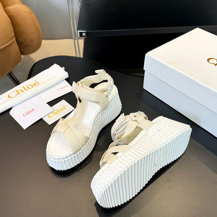 NAMA WEDGE SANDALS IN BEIGE FABRIC AND WHITE RUBBER