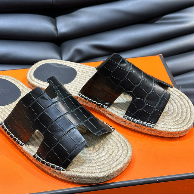 HM ANTIGUA ESPADRILLE SANDAL BLACK CALFSKIN WITH CROCODILE MOTIF