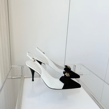 SLINGBACKS 80 MM IN WHITE CALFSKIN AND BLACK CANVAS