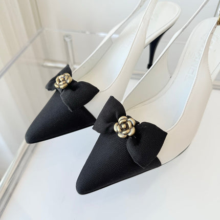 SLINGBACKS 80 MM IN WHITE CALFSKIN AND BLACK CANVAS