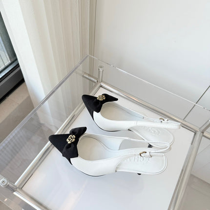 SLINGBACKS 80 MM IN WHITE CALFSKIN AND BLACK CANVAS