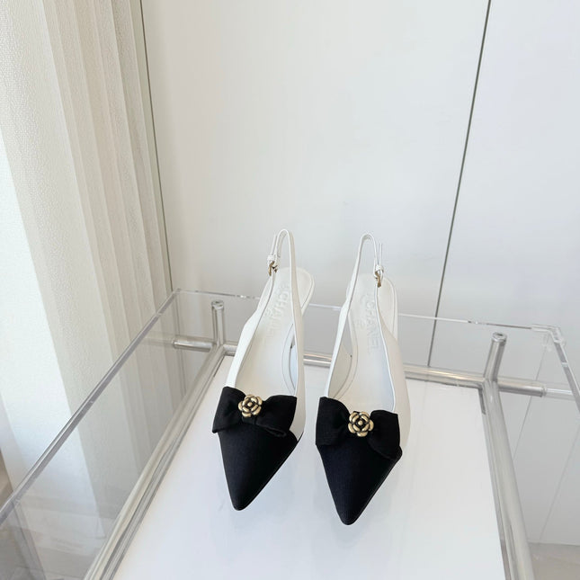 SLINGBACKS 80 MM IN WHITE CALFSKIN AND BLACK CANVAS