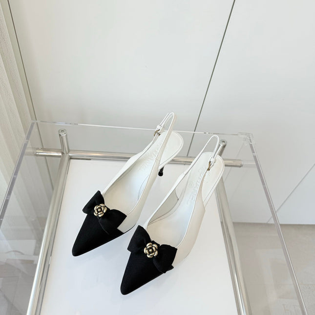 SLINGBACKS 80 MM IN WHITE CALFSKIN AND BLACK CANVAS