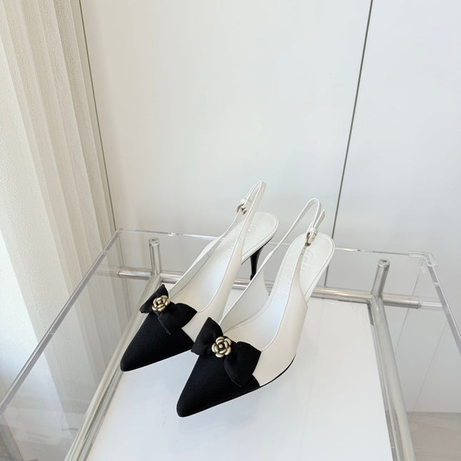 SLINGBACKS 80 MM IN WHITE CALFSKIN AND BLACK CANVAS