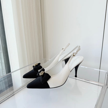 SLINGBACKS 80 MM IN WHITE CALFSKIN AND BLACK CANVAS