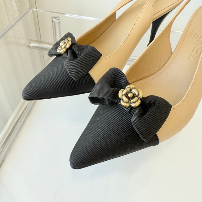 SLINGBACKS 80 MM IN BEIGE CALFSKIN AND BLACK CANVAS
