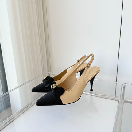 SLINGBACKS 80 MM IN BEIGE CALFSKIN AND BLACK CANVAS