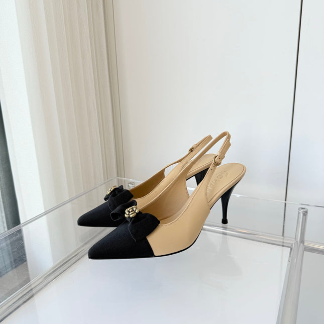 SLINGBACKS 80 MM IN BEIGE CALFSKIN AND BLACK CANVAS