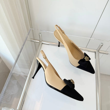 SLINGBACKS 80 MM IN BEIGE CALFSKIN AND BLACK CANVAS