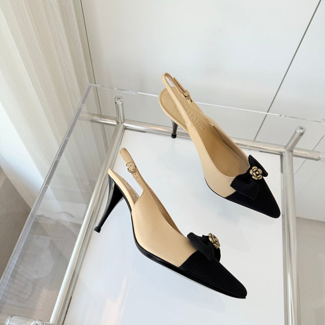 SLINGBACKS 80 MM IN BEIGE CALFSKIN AND BLACK CANVAS