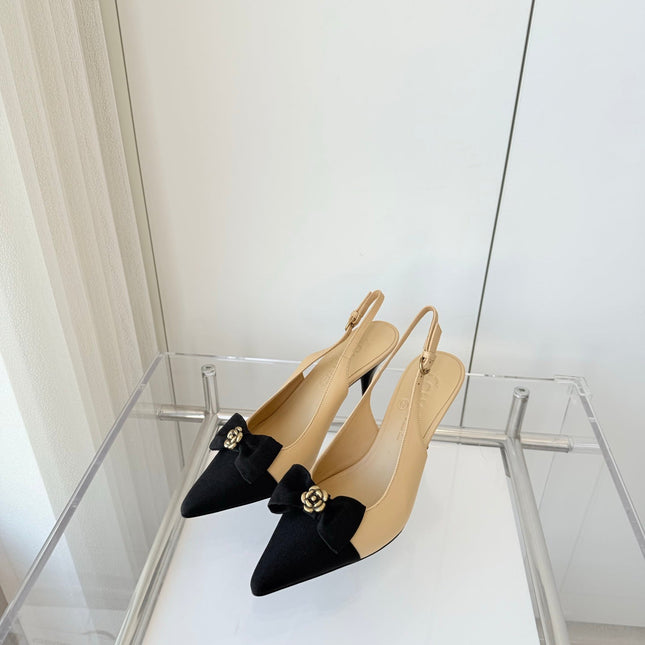 SLINGBACKS 80 MM IN BEIGE CALFSKIN AND BLACK CANVAS