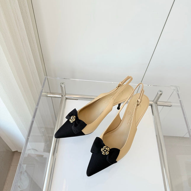 SLINGBACKS 80 MM IN BEIGE CALFSKIN AND BLACK CANVAS