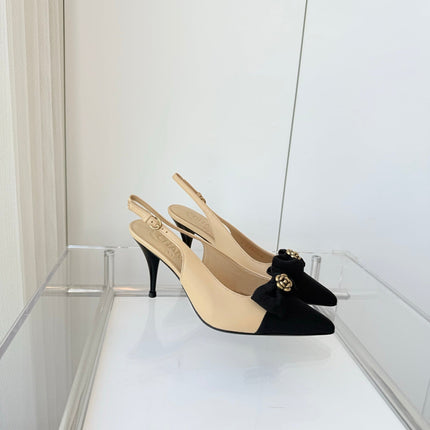 SLINGBACKS 80 MM IN BEIGE CALFSKIN AND BLACK CANVAS