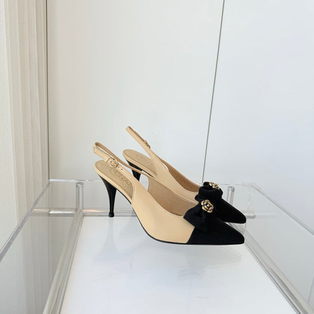 SLINGBACKS 80 MM IN BEIGE CALFSKIN AND BLACK CANVAS
