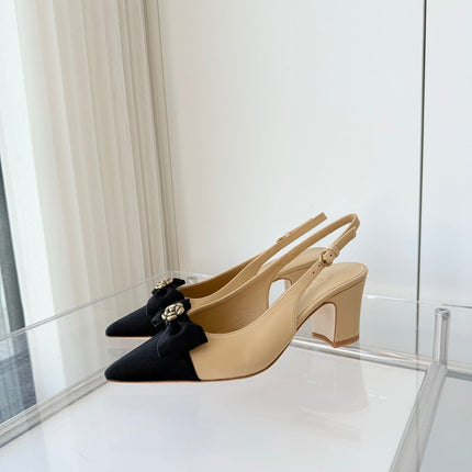 SLINGBACKS 65 MM IN BEIGE CALFSKIN AND BLACK CANVAS