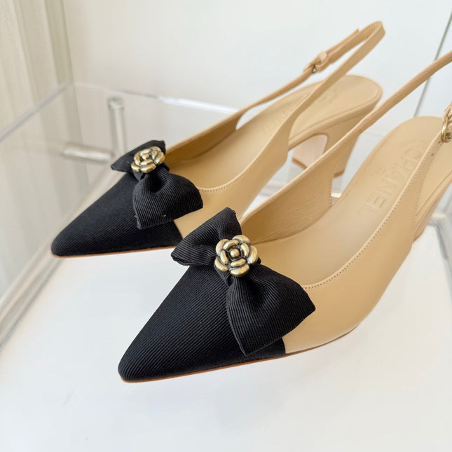SLINGBACKS 65 MM IN BEIGE CALFSKIN AND BLACK CANVAS