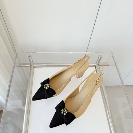 SLINGBACKS 65 MM IN BEIGE CALFSKIN AND BLACK CANVAS