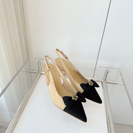 SLINGBACKS 65 MM IN BEIGE CALFSKIN AND BLACK CANVAS