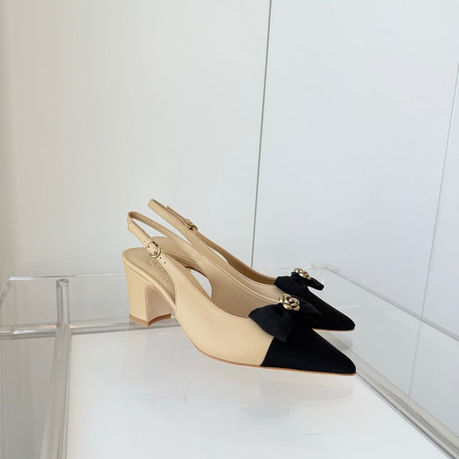 SLINGBACKS 65 MM IN BEIGE CALFSKIN AND BLACK CANVAS