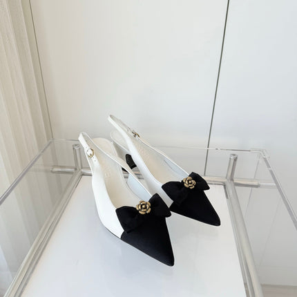 SLINGBACKS 65 MM IN WHITE CALFSKIN AND BLACK CANVAS