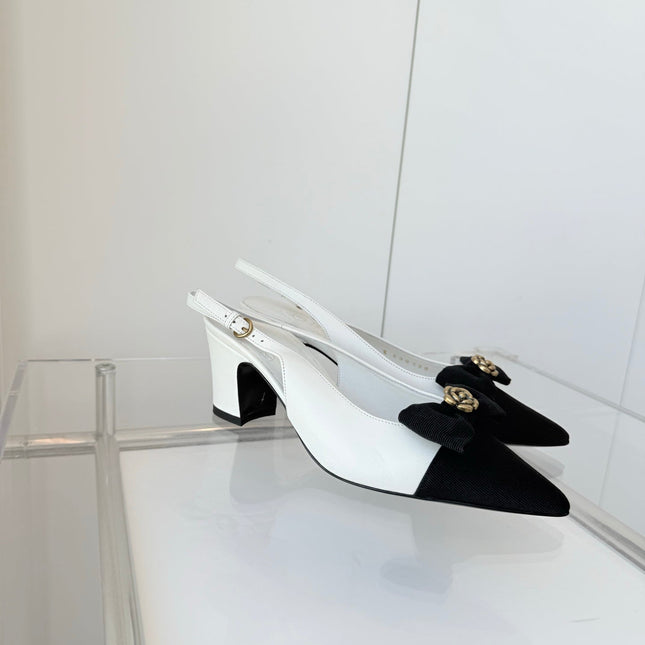 SLINGBACKS 65 MM IN WHITE CALFSKIN AND BLACK CANVAS