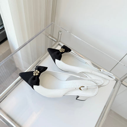 SLINGBACKS 65 MM IN WHITE CALFSKIN AND BLACK CANVAS