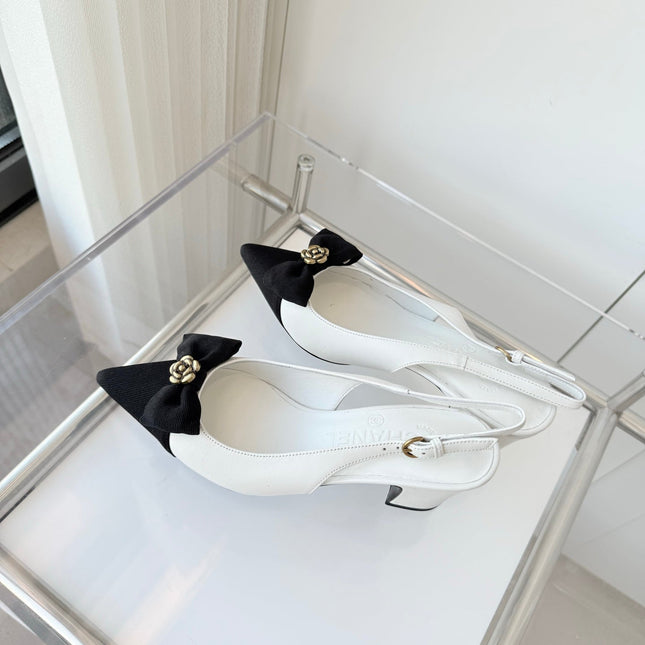 SLINGBACKS 65 MM IN WHITE CALFSKIN AND BLACK CANVAS