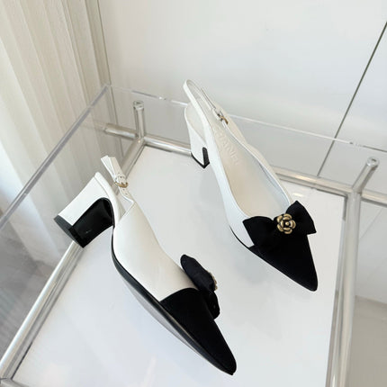 SLINGBACKS 65 MM IN WHITE CALFSKIN AND BLACK CANVAS