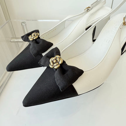 SLINGBACKS 65 MM IN WHITE CALFSKIN AND BLACK CANVAS