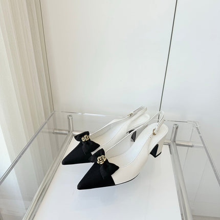 SLINGBACKS 65 MM IN WHITE CALFSKIN AND BLACK CANVAS