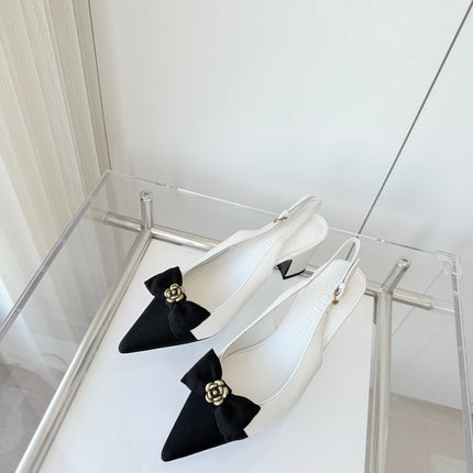 SLINGBACKS 65 MM IN WHITE CALFSKIN AND BLACK CANVAS