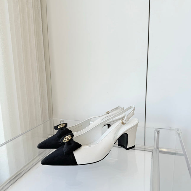 SLINGBACKS 65 MM IN WHITE CALFSKIN AND BLACK CANVAS