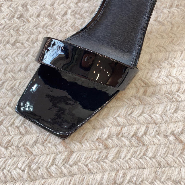 HIGH MULES WITH SQUARE TOE IN BLACK GLOSSY CALFSKIN