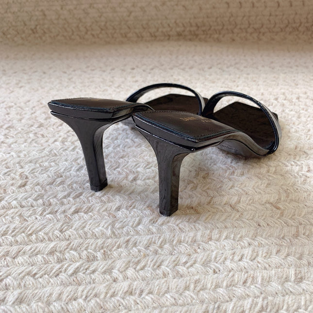 HIGH MULES WITH SQUARE TOE IN BLACK GLOSSY CALFSKIN