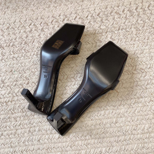 HIGH MULES WITH SQUARE TOE IN BLACK GLOSSY CALFSKIN