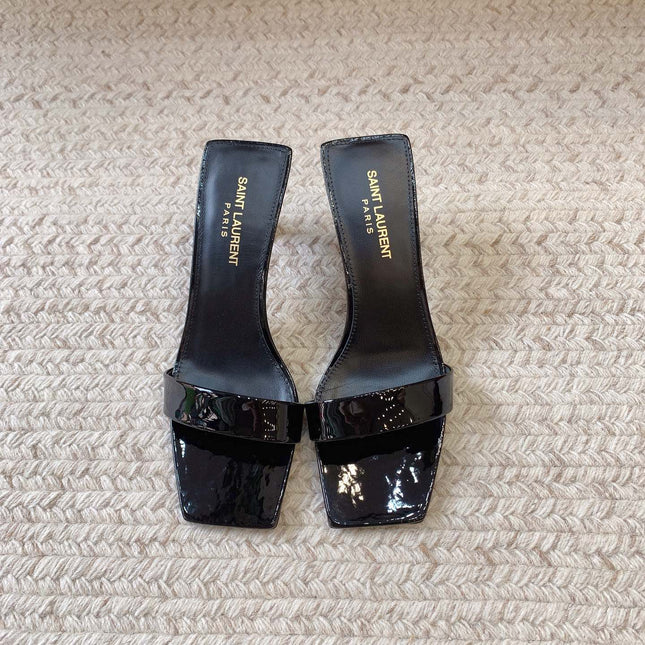 HIGH MULES WITH SQUARE TOE IN BLACK GLOSSY CALFSKIN