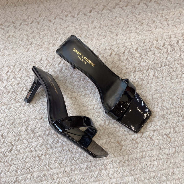 HIGH MULES WITH SQUARE TOE IN BLACK GLOSSY CALFSKIN