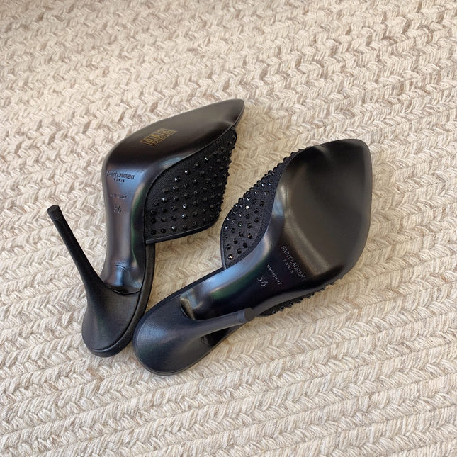 LA 16 HEELED MULES ATTACHED RHINESTONES IN BLACK MESH