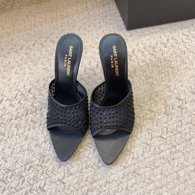 LA 16 HEELED MULES ATTACHED RHINESTONES IN BLACK MESH
