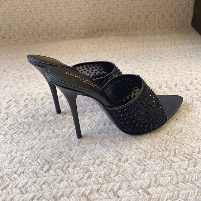 LA 16 HEELED MULES ATTACHED RHINESTONES IN BLACK MESH