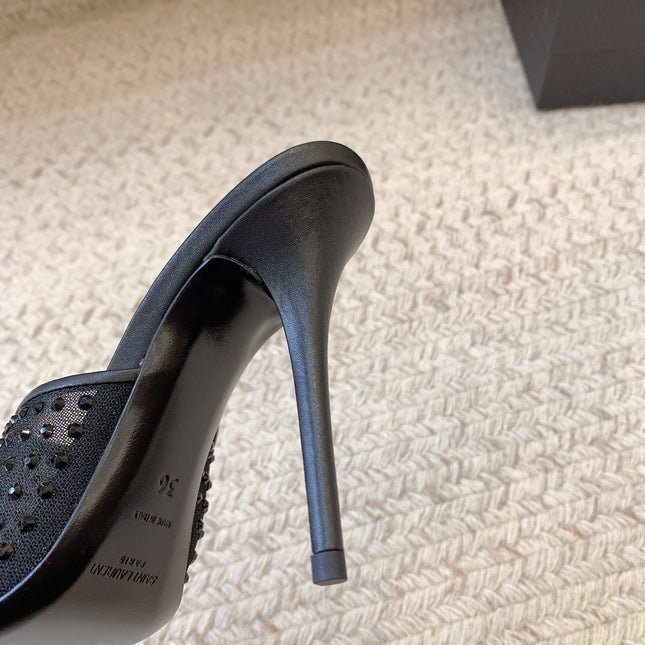 LA 16 HEELED MULES ATTACHED RHINESTONES IN BLACK MESH