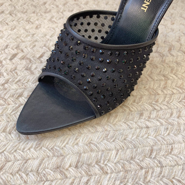 LA 16 HEELED MULES ATTACHED RHINESTONES IN BLACK MESH