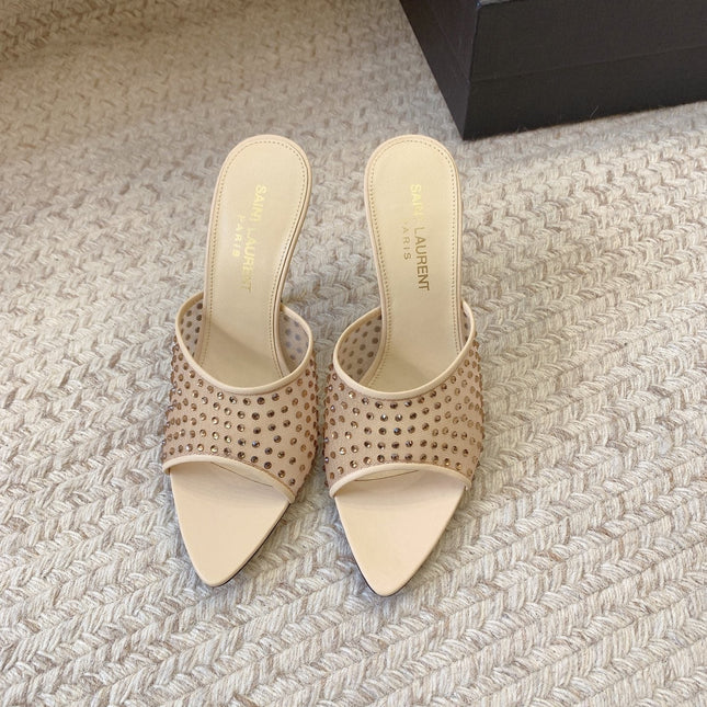 LA 16 HEELED MULES ATTACHED RHINESTONES IN CREAM MESH
