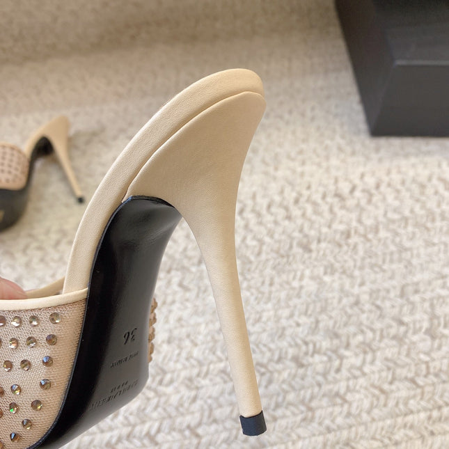 LA 16 HEELED MULES ATTACHED RHINESTONES IN CREAM MESH