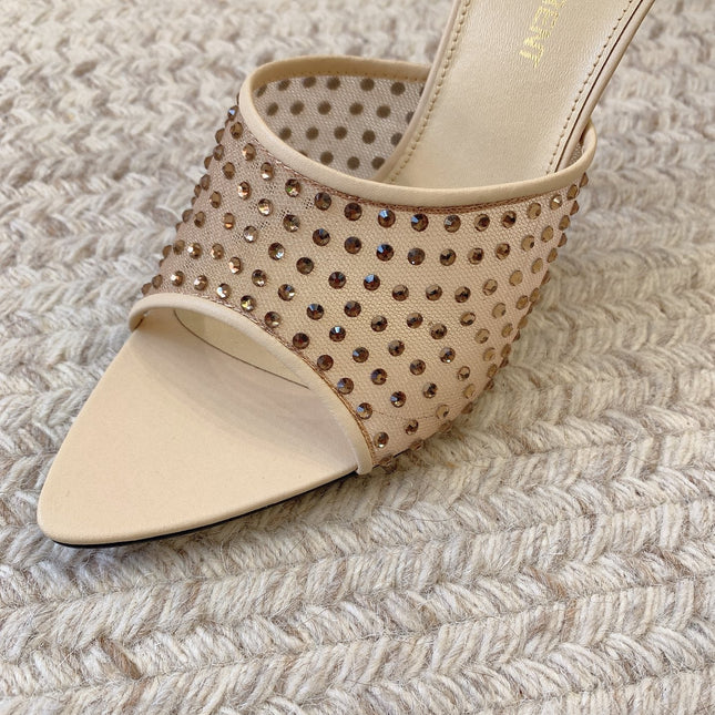 LA 16 HEELED MULES ATTACHED RHINESTONES IN CREAM MESH
