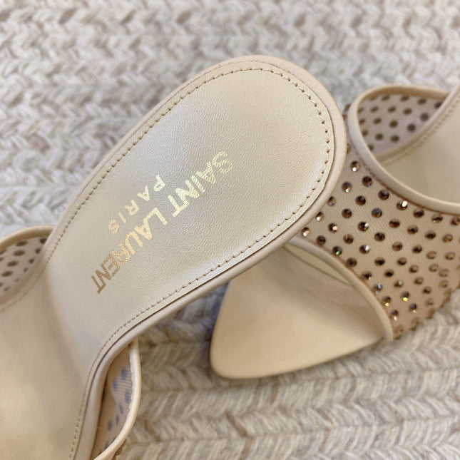 LA 16 HEELED MULES ATTACHED RHINESTONES IN CREAM MESH